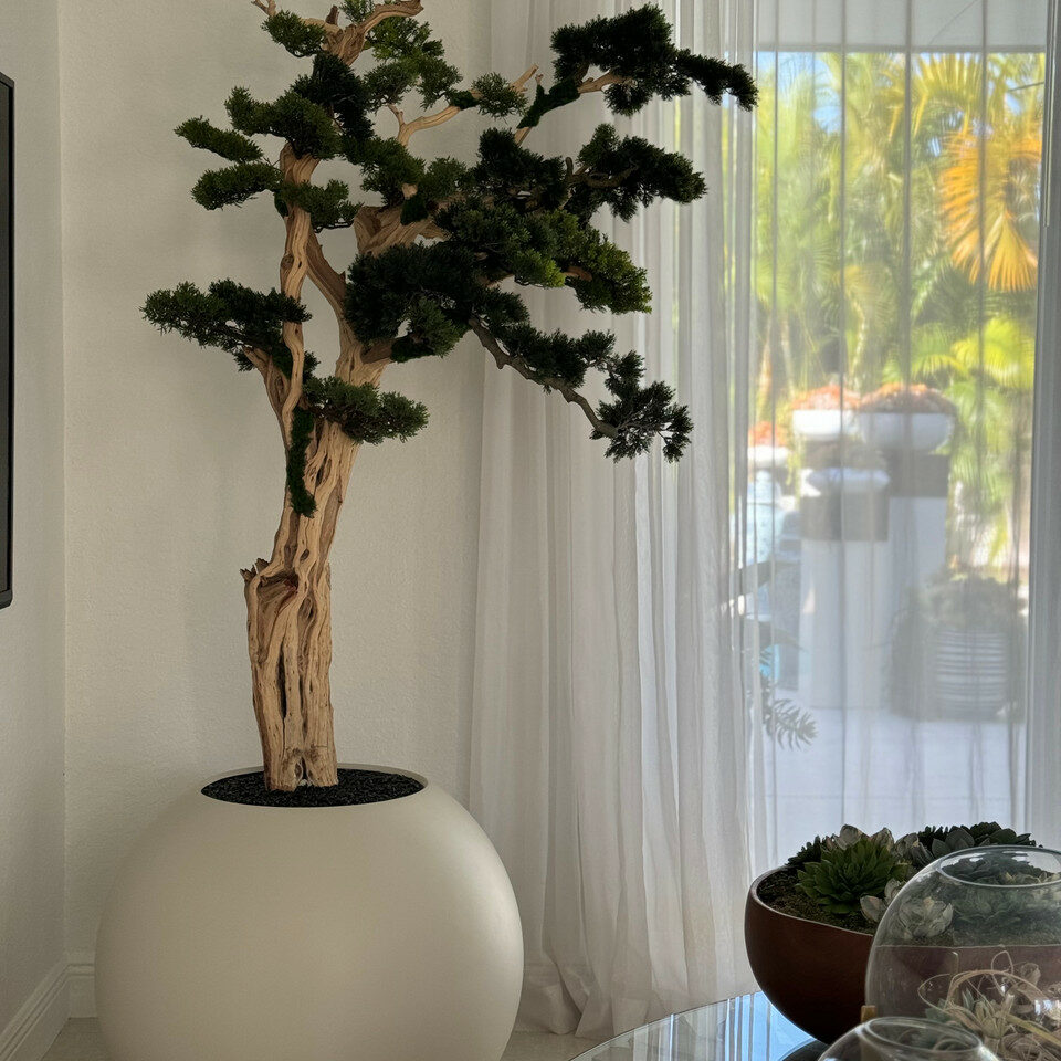 Bonsai-Dekobaum im kugelförmigen Pflanzgefäß – 180 cm, Satinbeige