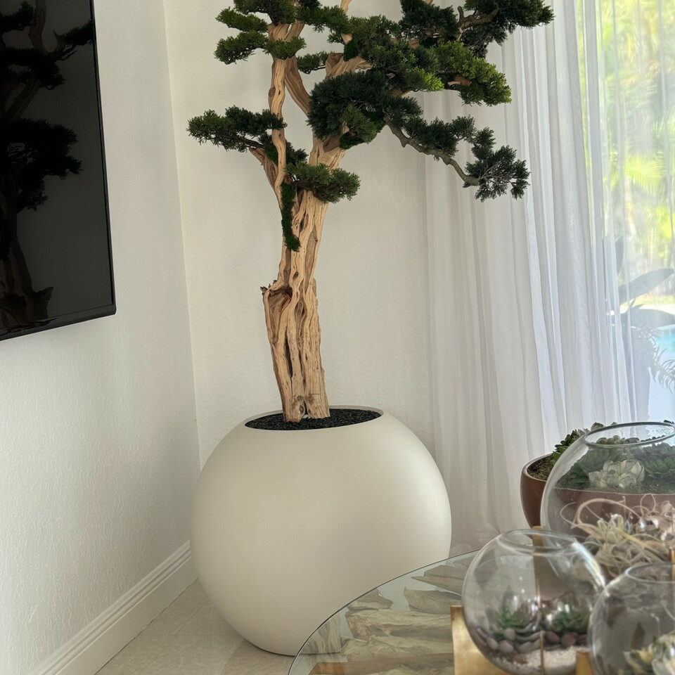 Bonsai-Dekobaum im kugelförmigen Pflanzgefäß – 180 cm, Satinbeige